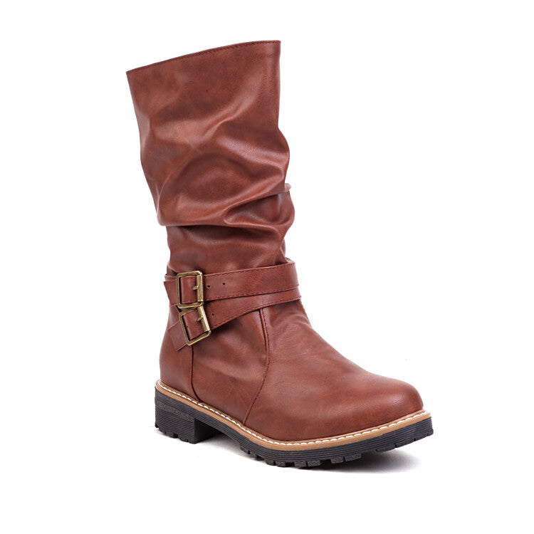 Women Round Toe Buckle Straps Mid Calf Boots
