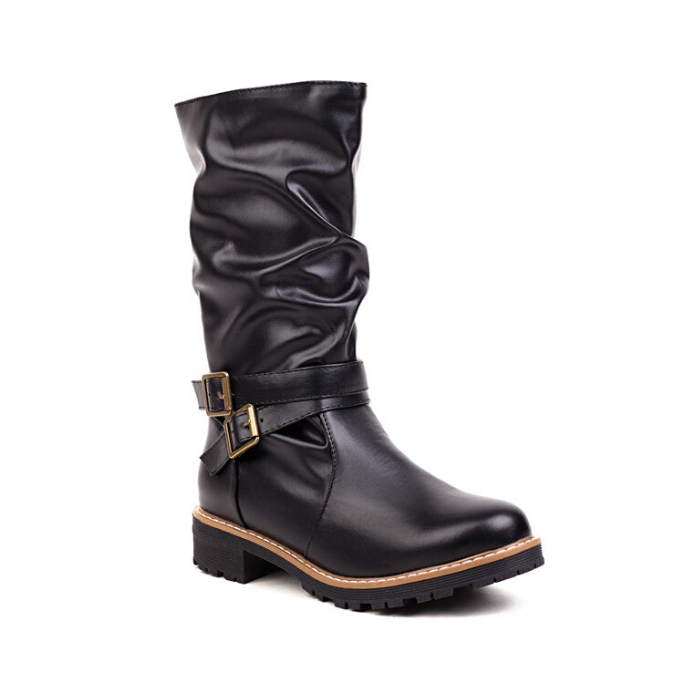 Women Round Toe Buckle Straps Mid Calf Boots