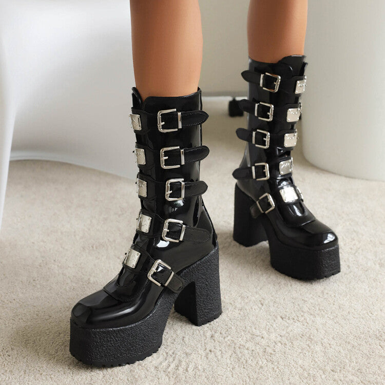 Women Glossy Metal Buckle Straps Block Chunky Heel Platform Mid-calf Boots