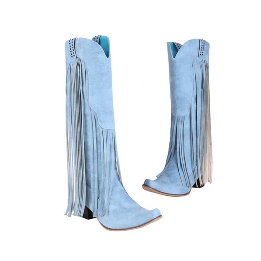 Women Flock Pointed Toe Tassel Rivets Block Heel Cowboy Mid Calf Boots