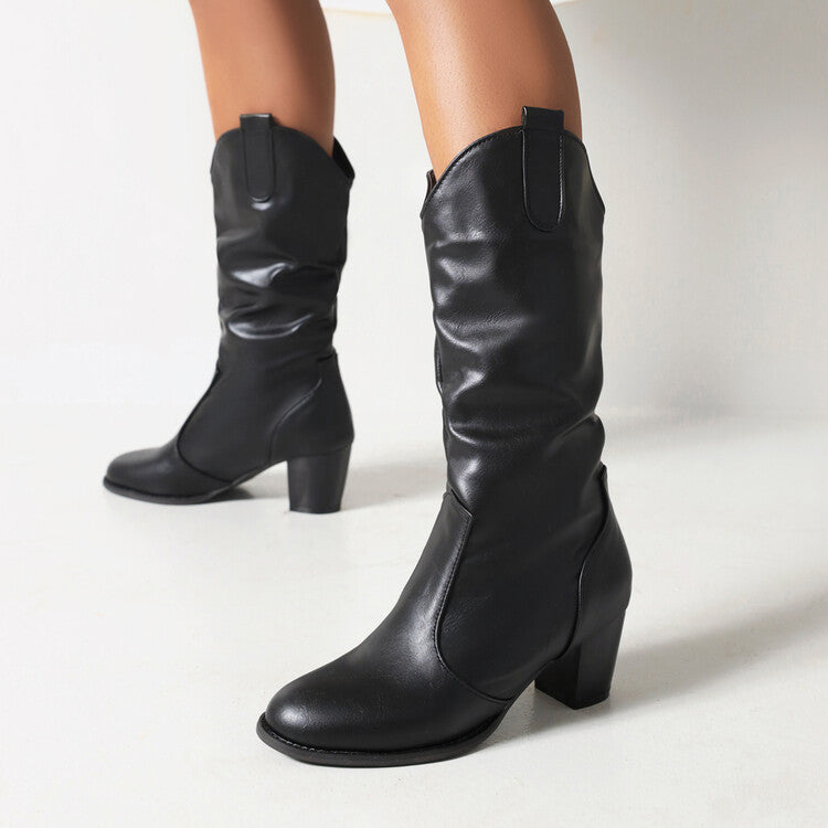 Women Booties Pu Leather Block Heel Cowboy Mid Calf Boots