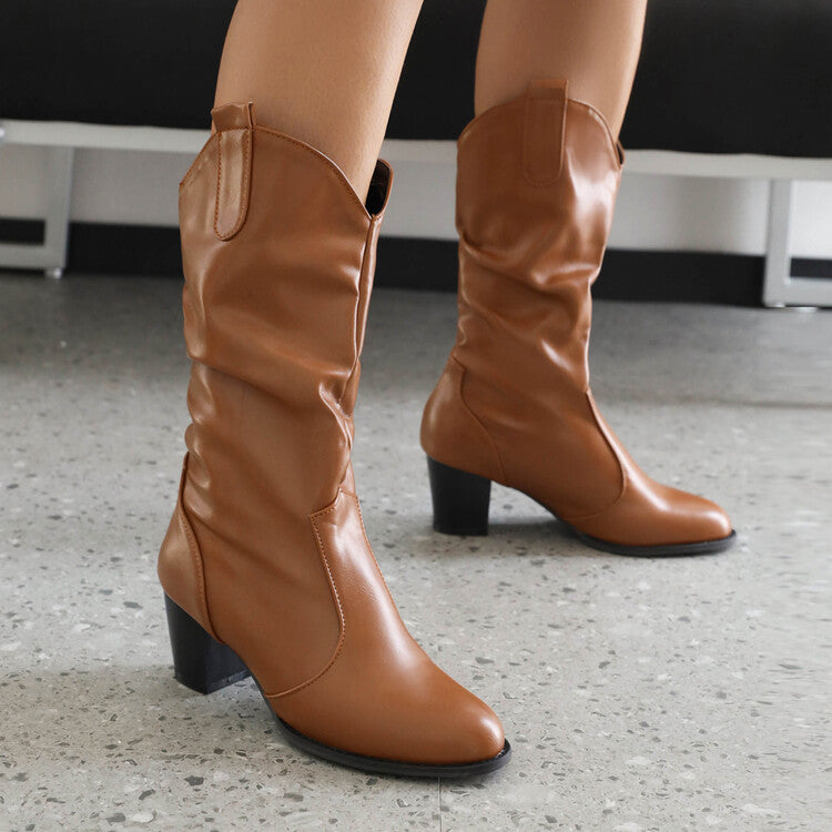 Women Booties Pu Leather Block Heel Cowboy Mid Calf Boots