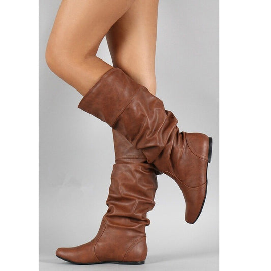 Women Pu Leather Slouch Mid-Calf Boots