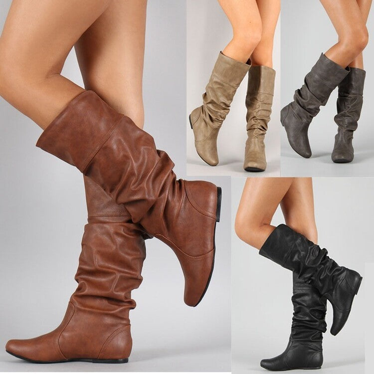 Women Pu Leather Slouch Mid-Calf Boots