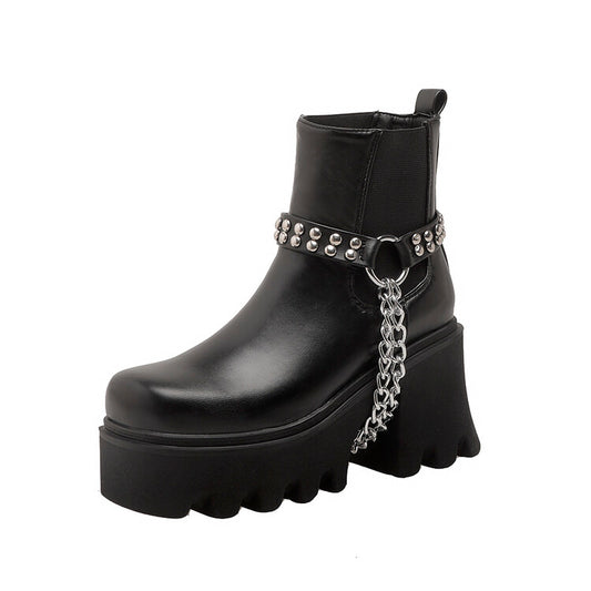 Women Pu Leather Round Toe Metal Chains Rivets Straps Block Chunky Heel Platform Ankle Boots