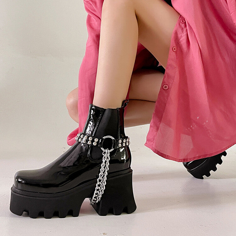 Women Pu Leather Round Toe Metal Chains Rivets Straps Block Chunky Heel Platform Ankle Boots