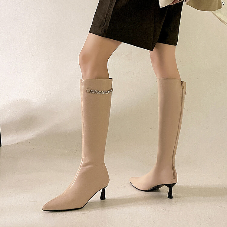 Women Pointed Toe Metal Chains Spool Heel Knee-High Boots