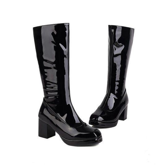 Women Glossy Square Toe Side Zippers Block Chunky Heel Platform Mid Calf Boots