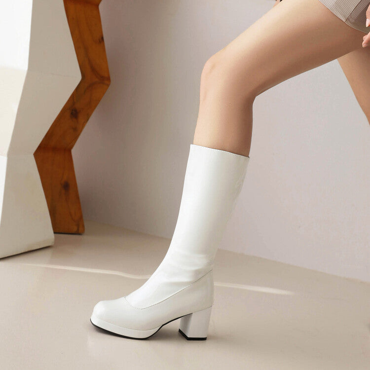 Women Glossy Square Toe Side Zippers Block Chunky Heel Platform Mid Calf Boots