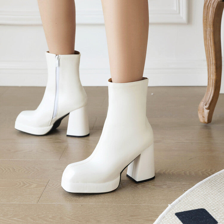 Women Square Toe Side Zippers Block Chunky Heel Platform Short Boots