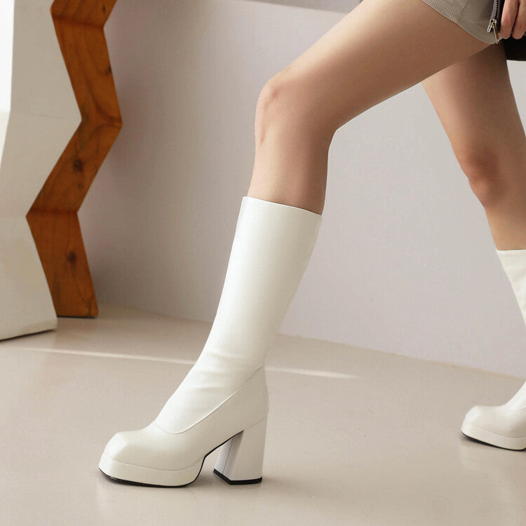 Women Square Toe Side Zippers Block Chunky Heel Platform Mid-Calf Boots