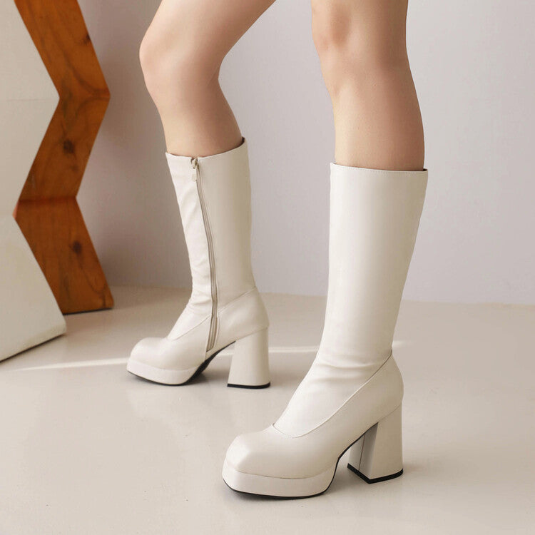 Women Square Toe Side Zippers Block Chunky Heel Platform Mid-Calf Boots