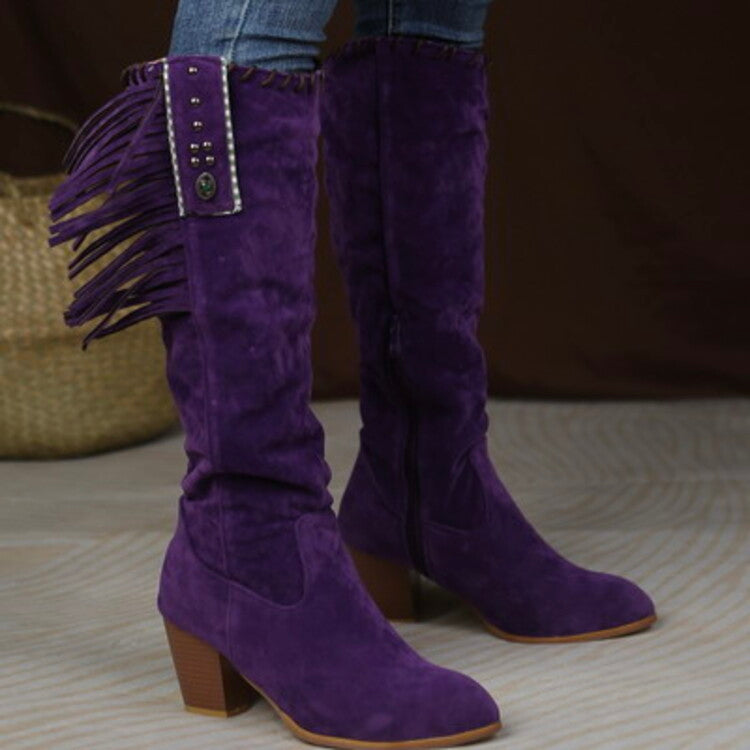 Women Flock Rivets Tassel Block Heel Side Zippers Mid Calf Boots