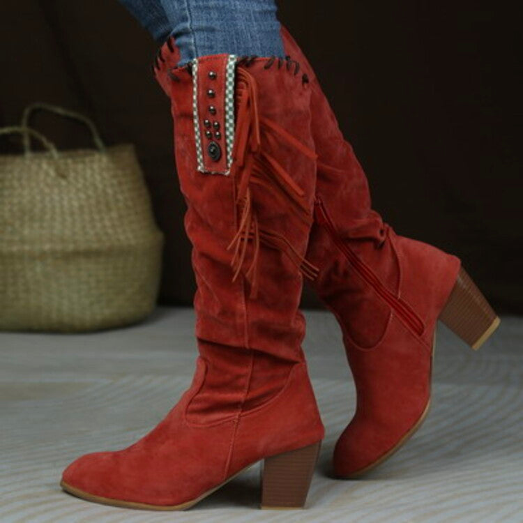 Women Flock Rivets Tassel Block Heel Side Zippers Mid Calf Boots