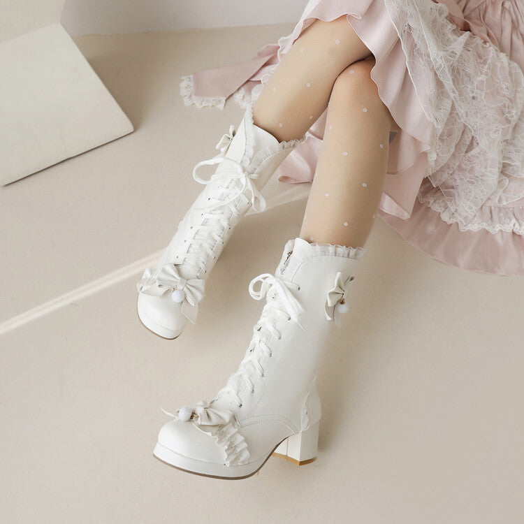 Women Lace Bow Tie Tied Straps Block Chunky Heel Knee-High Boots