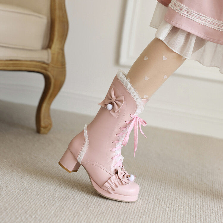 Women Lace Bow Tie Tied Straps Block Chunky Heel Knee-High Boots