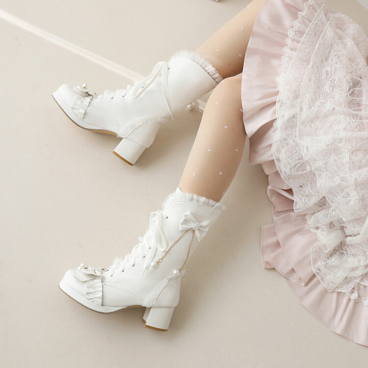 Women Lace Tied Straps Bow Tie Block Chunky Heel Mid-Calf Boots