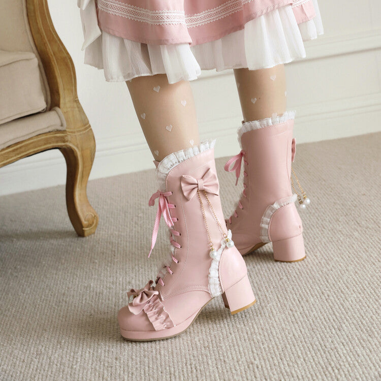 Women Lace Tied Straps Bow Tie Block Chunky Heel Mid-Calf Boots
