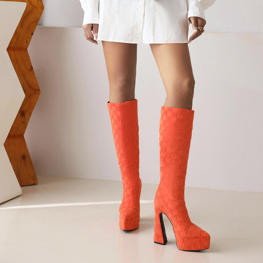 Women Lattice Pointed Toe Chunky Heel Platform Knee High Boots