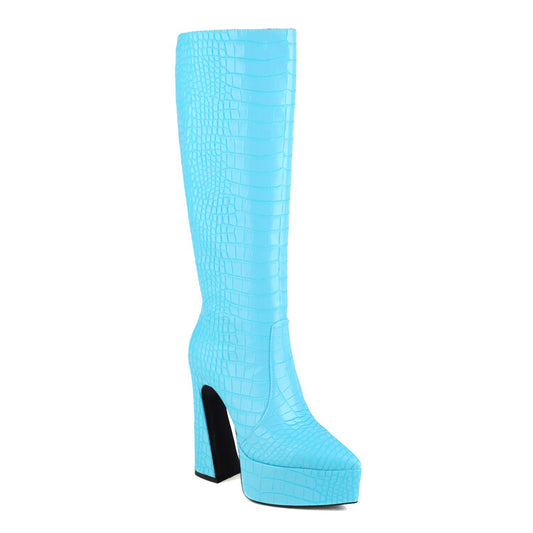 Women Crocodile-Pattern Glossy Pointed Toe Spool Heel Platform Knee High Boots