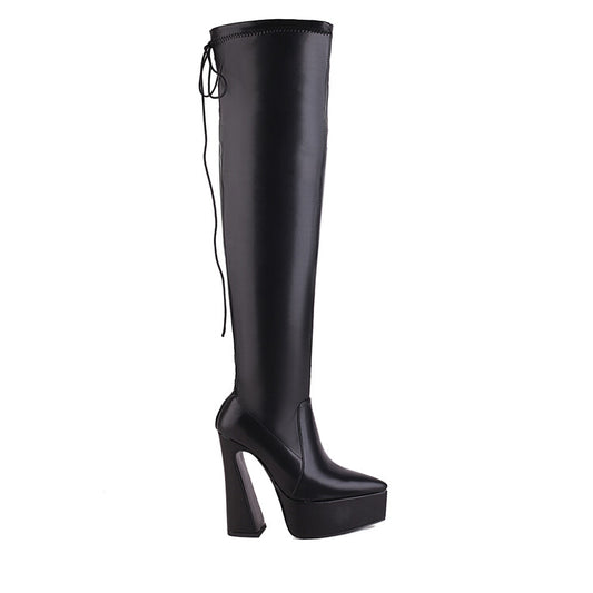 Women Glossy Pointed Toe Spool Heel Platform Back Tied Straps Over the Knee Boots