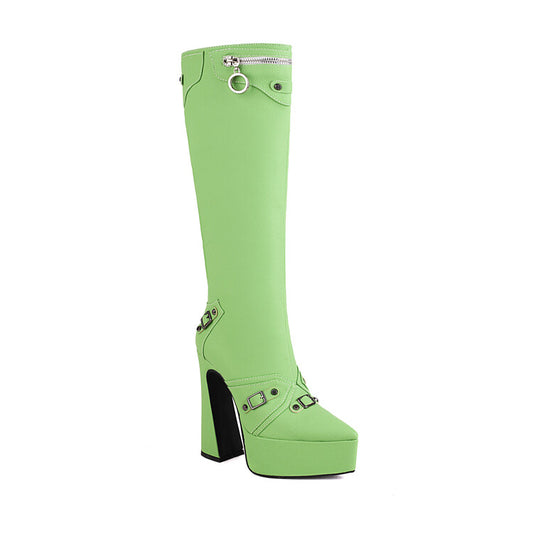 Women Frosted Pu Leather Pointed Toe Metal Buckles Zippers Spool Heel Platform Knee High Boots