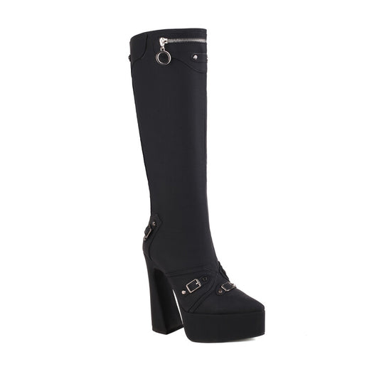 Women Frosted Pu Leather Pointed Toe Metal Buckles Zippers Spool Heel Platform Knee High Boots
