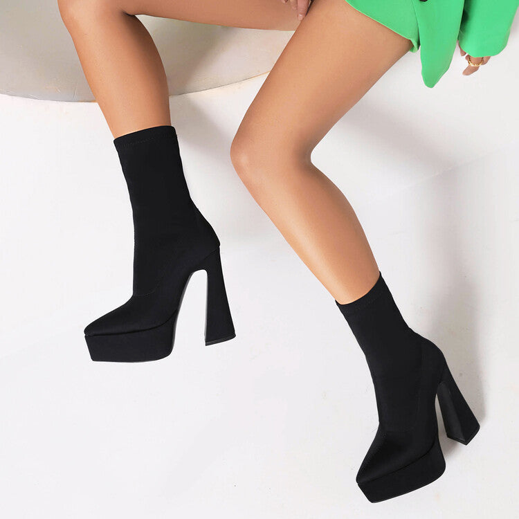 Women Flock Pointed Toe Stretch Spool Heel Platform Mid-calf Boots