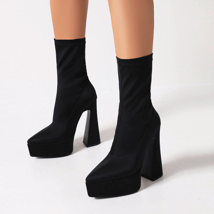 Women Flock Pointed Toe Stretch Spool Heel Platform Mid-calf Boots