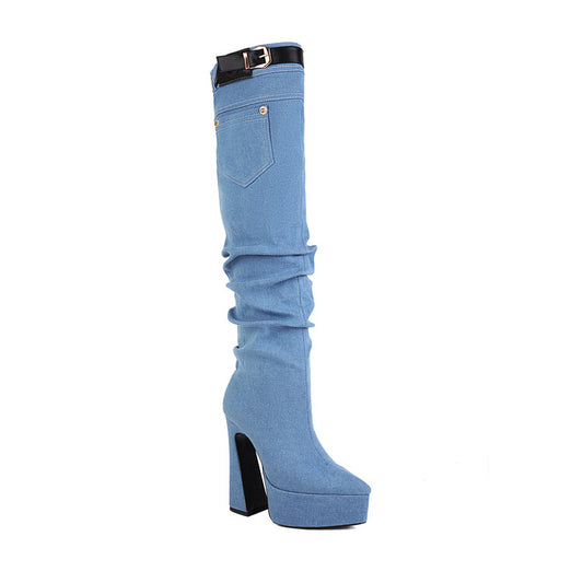 Women Denim Pointed Toe Pocket Buckle Straps Spool Heel Platform Knee High Boots