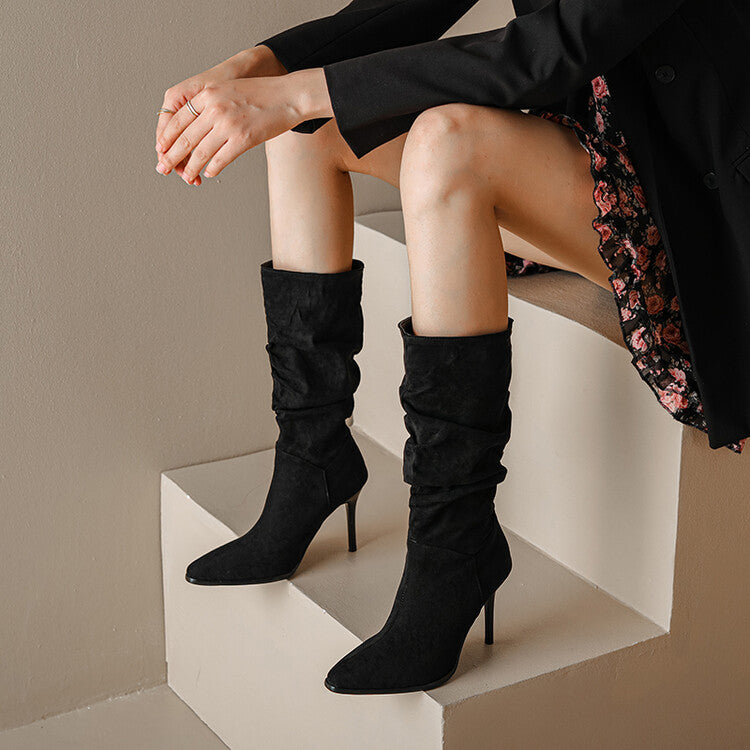 Women Pointed Toe Slouch Stiletto Heel Knee-High Boots