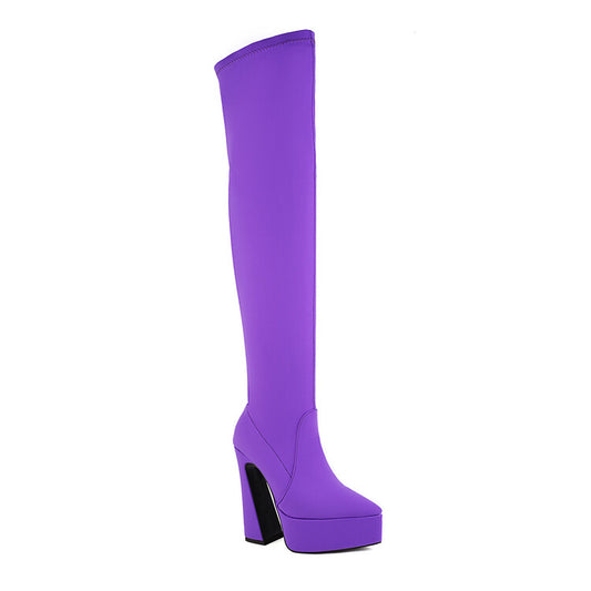 Women Stretch Pointed Toe Spool Heel Platform Over the Knee Boots