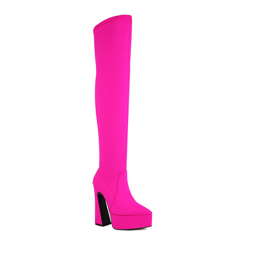 Women Stretch Pointed Toe Spool Heel Platform Over the Knee Boots