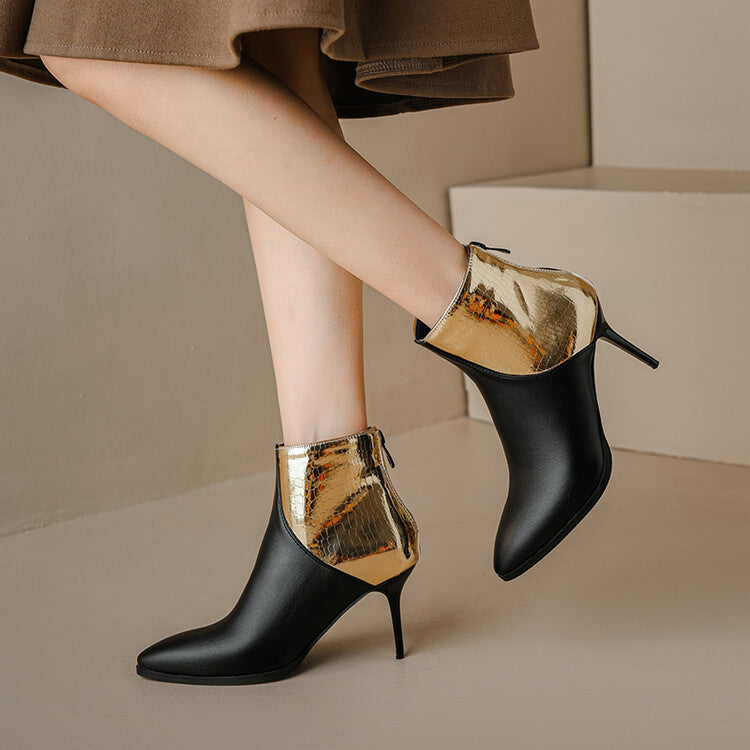 Women Pu Leather Patent Patchwork Pointed Toe Stiletto Heel Ankle Boots