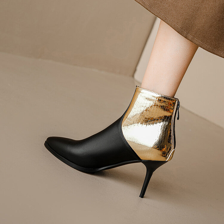 Women Pu Leather Patent Patchwork Pointed Toe Stiletto Heel Ankle Boots