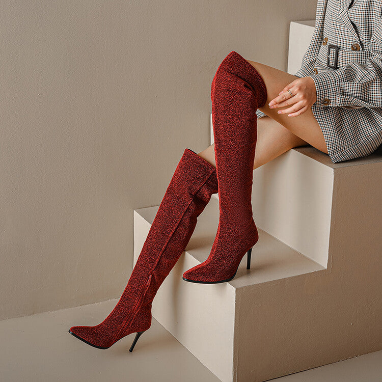 Women Pointed Toe Side Zippers Stiletto Heel Over-the-Knee Boots