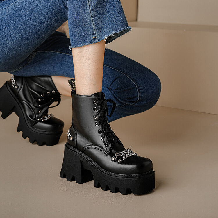 Women Pu Leather Square Toe Metal Chains Lace Up Block Chunky Heel Platform Ankle Boots