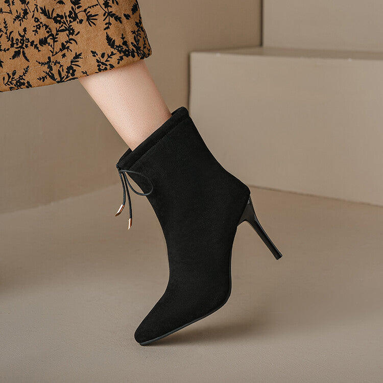 Women Flock Pointed Toe Stiletto Heel Tied Straps Ankle Boots