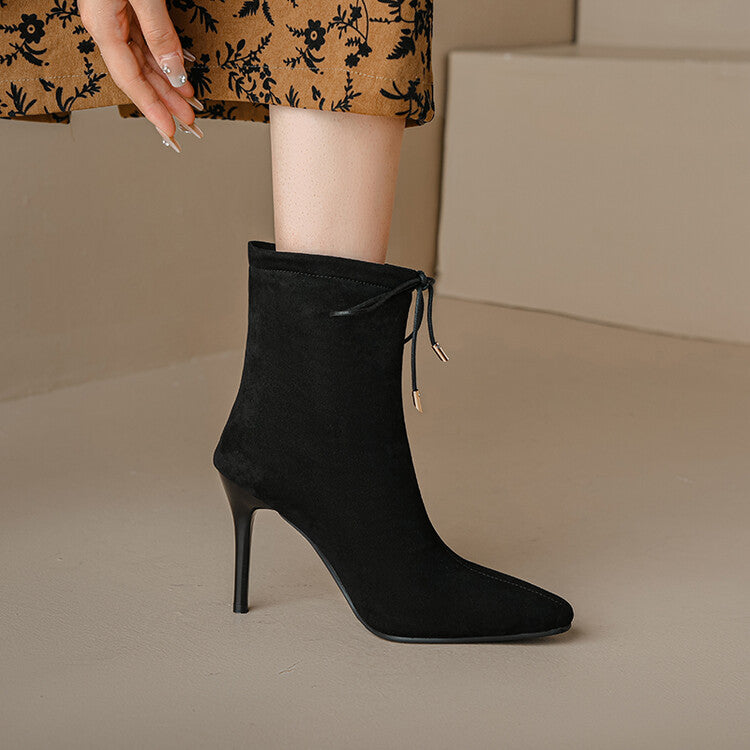 Women Flock Pointed Toe Stiletto Heel Tied Straps Ankle Boots