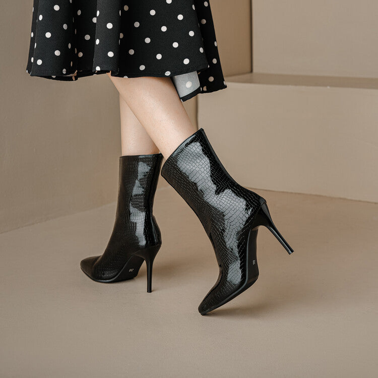 Women Patent Snake Printed Pointed Toe Stiletto Heel Ankle Boots