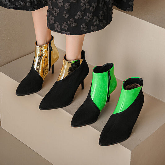 Women Flock Patent Patchwork Side Zippers Stiletto Heel Ankle Boots