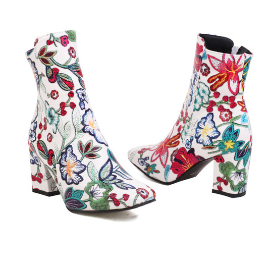 Women Printed Pu Leather Side Zippers Block Chunky Heel Ankle Boots