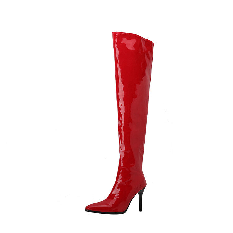 Women Glossy Pointed Toe Stiletto Heel Over-the-Knee Boots