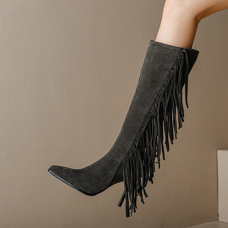 Women Flock Pointed Toe Tassel Stiletto Heel Knee-High Boots