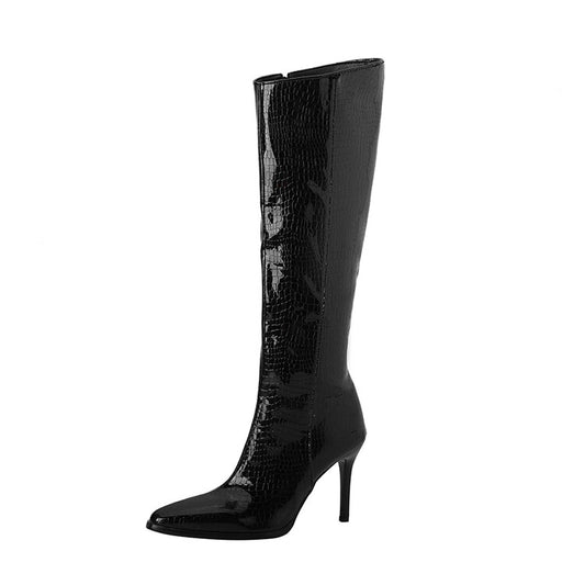 Women Pu Leather Pointed Toe Side Zippers Stiletto Heel Knee-High Boots