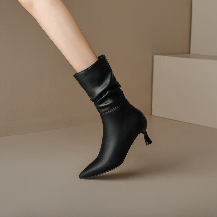 Women Matte Pu Leather Pointed Toe Spool Heel Heel Ankle Boots