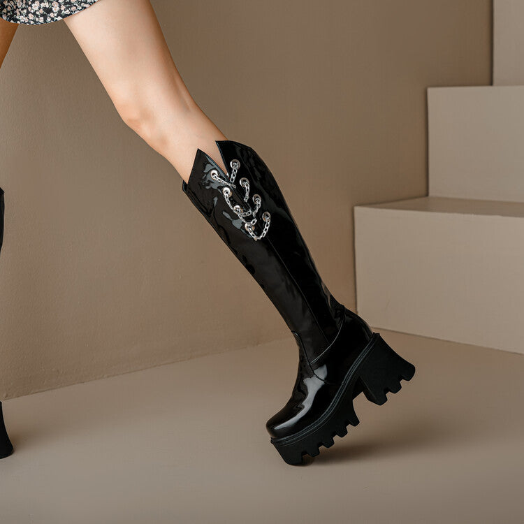 Women Round Toe Metal Chains Block Heel Platform Knee-High Boots