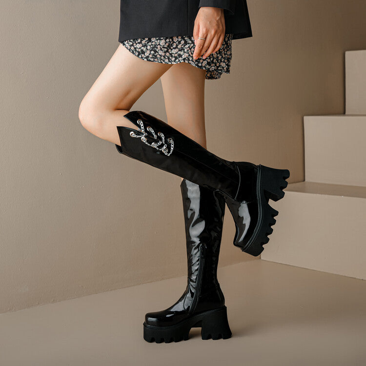 Women Round Toe Metal Chains Block Heel Platform Knee-High Boots