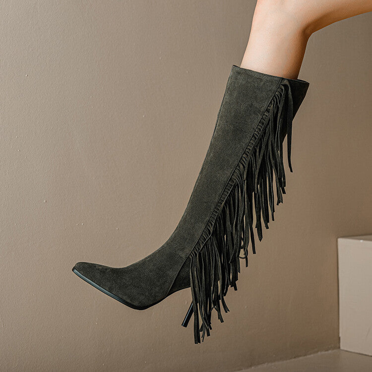 Women Flock Pointed Toe Tassel Stiletto Heel Knee-High Boots