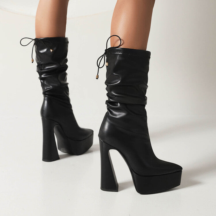 Women Pu Leather Pointed Toe Back Tied Straps Spool Heel Platform Mid-calf Boots